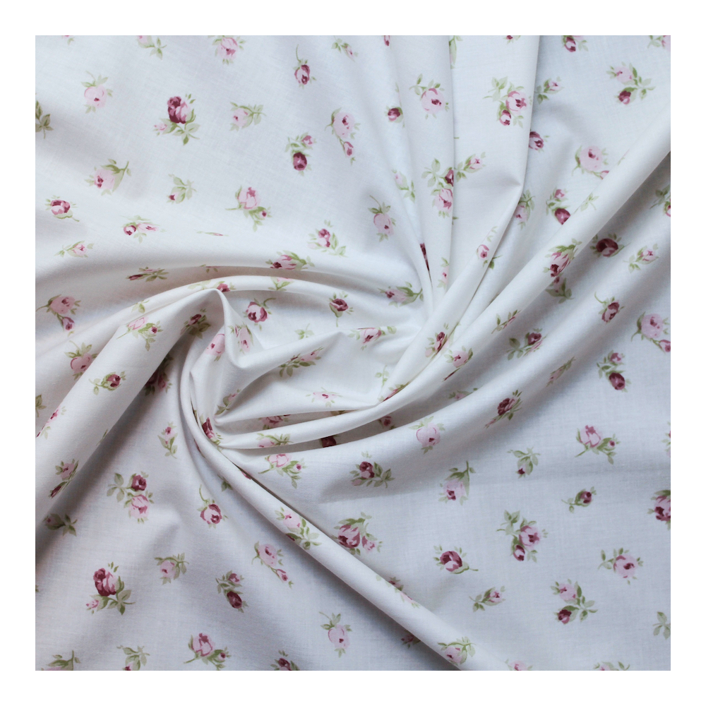 Popeline de coton organique fond ivoire imprimé fleurs vintage