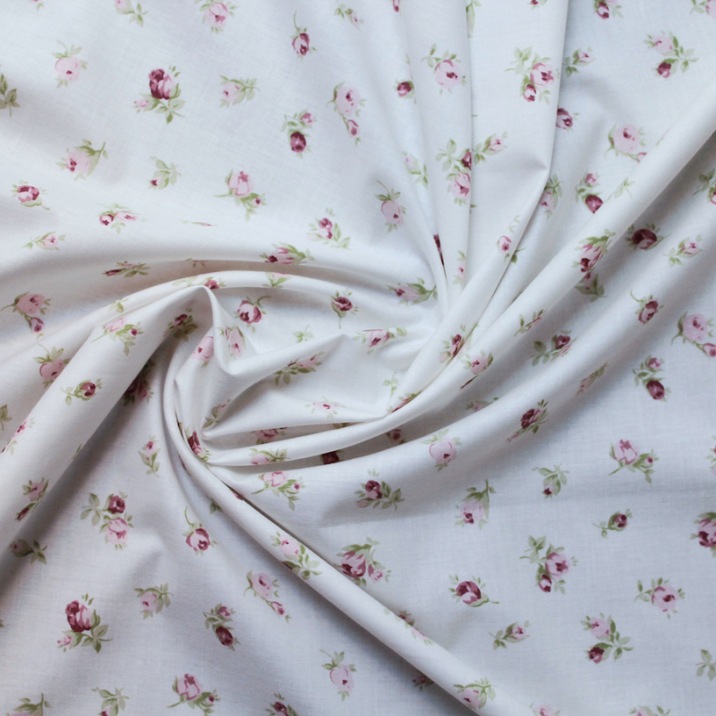 Popeline de coton organique fond ivoire imprimé fleurs vintage