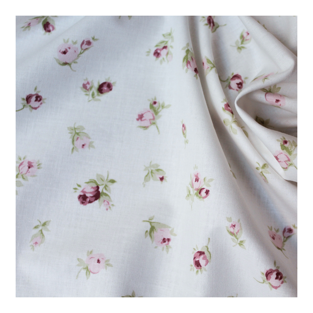 Popeline de coton organique fond ivoire imprimé fleurs vintage