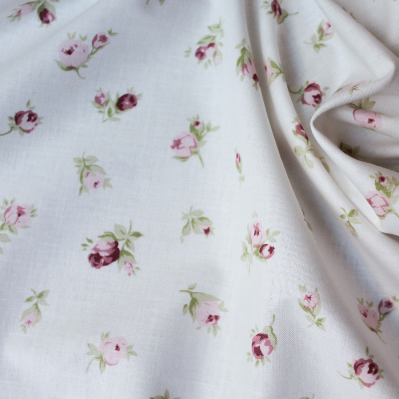 Popeline de coton organique fond ivoire imprimé fleurs vintage