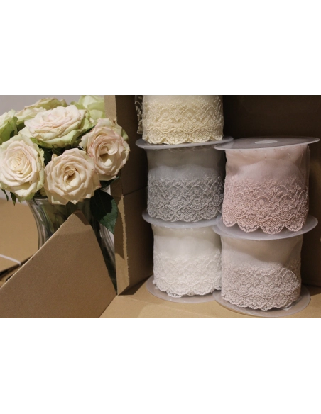 Galon dentelle tulle brodé 95mm x 1m blanc