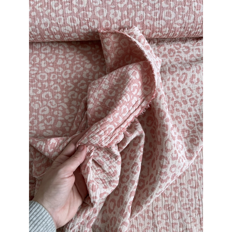 Tissu Double Gaze Coton Jacquard Graou Livia Rose Cru Rose R Versible