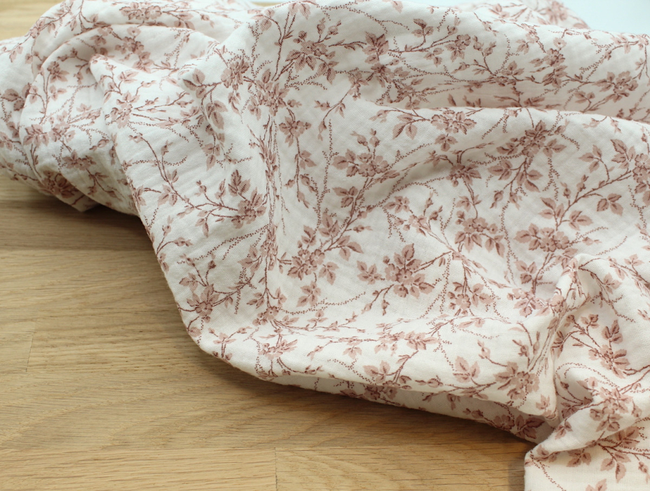Adele - Double gaze de coton BIO motif fleuri vieux rose