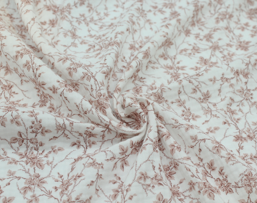 Adele - Double gaze de coton BIO motif fleuri vieux rose