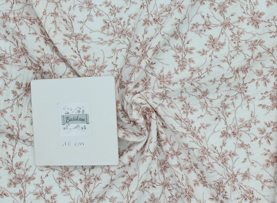 Adele - Double gaze de coton BIO motif fleuri vieux rose