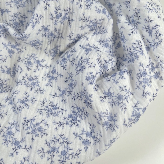 Meriem - Double gaze de coton BIO motif exclusif Bleu faïence Tissus issus de l'agriculture biologique  - 1