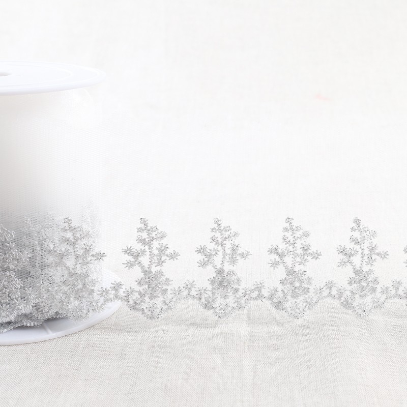 Galon Broderie Métallique Argent sur Tulle
