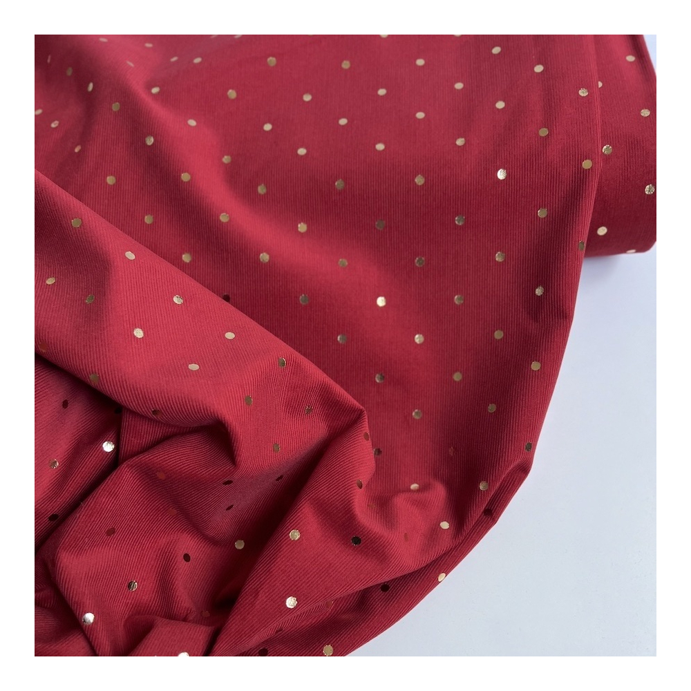 Romane - Velours milleraies coton rouge imprimé pois dorés  - 1 Romane - Velours milleraies coton rouge imprimé pois dorés  - 1