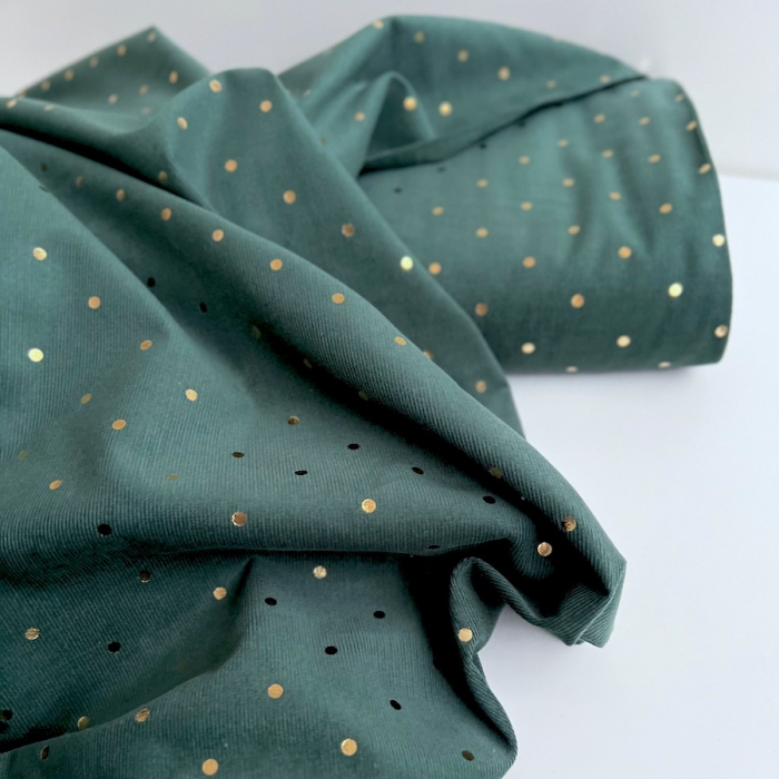 Romane - Velours milleraies coton vert sapin imprimé pois dorés  - 1