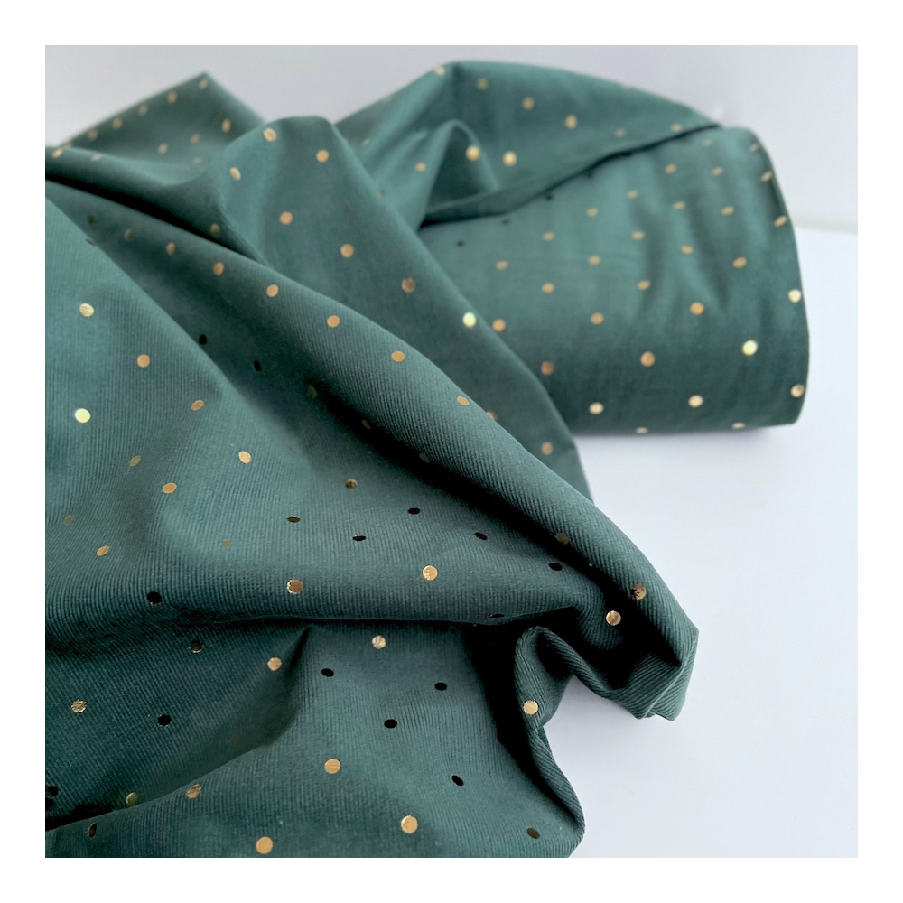 Romane - Velours milleraies coton vert sapin imprimé pois dorés  - 1