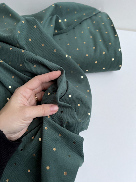 Romane - Velours milleraies coton vert sapin imprimé pois dorés  - 2