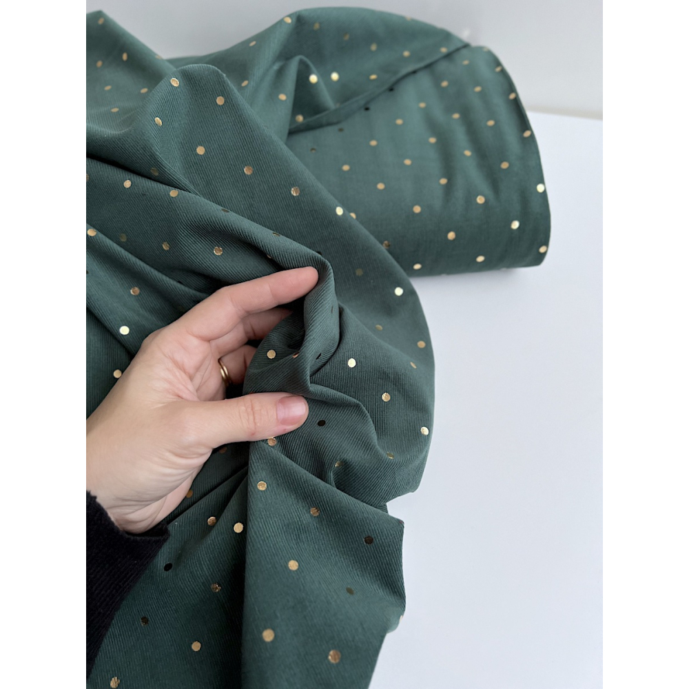 Romane - Velours milleraies coton vert sapin imprimé pois dorés  - 2