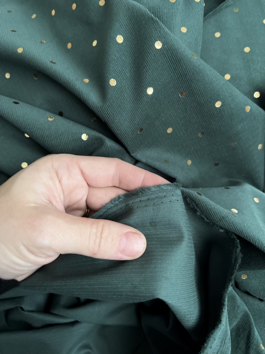 Romane - Velours milleraies coton vert sapin imprimé pois dorés  - 4