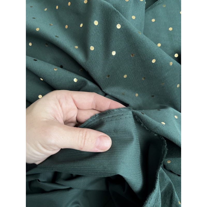 Romane - Velours milleraies coton vert sapin imprimé pois dorés  - 4