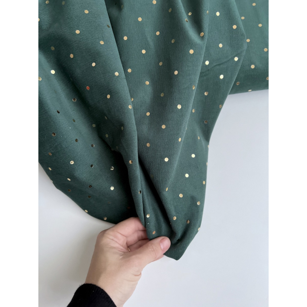 Romane - Velours milleraies coton vert sapin imprimé pois dorés  - 5