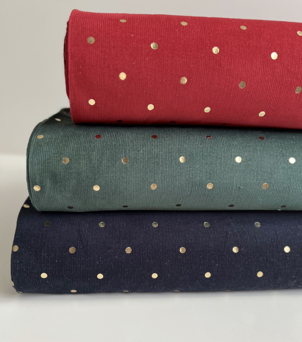 Romane - Velours milleraies coton vert sapin imprimé pois dorés  - 7