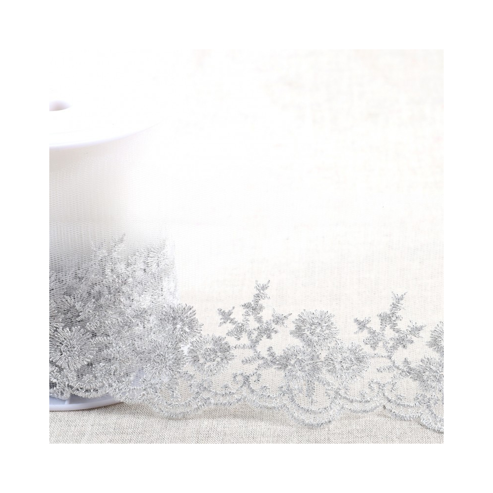 Galon Broderie Argentée sur Tulle 90 mm