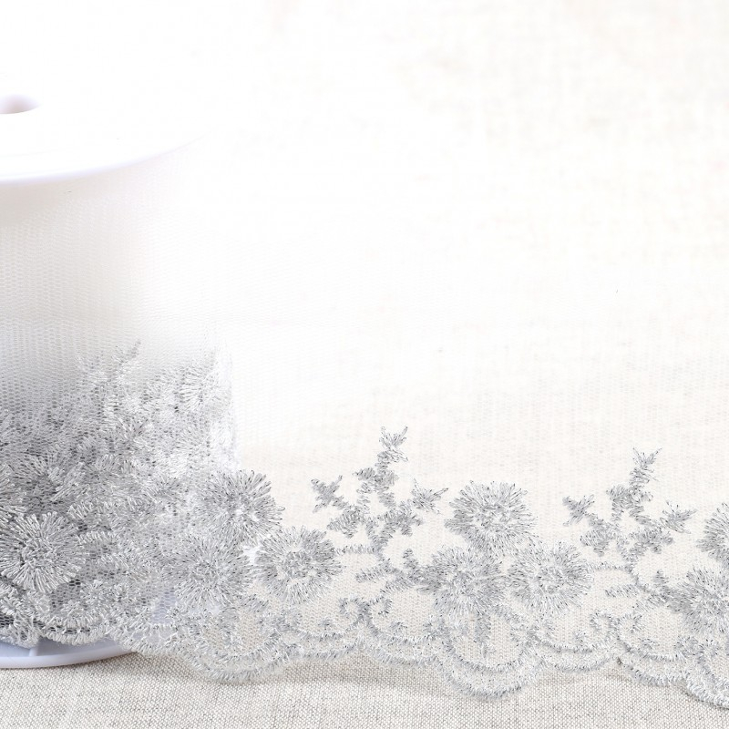 Galon Broderie Argentée sur Tulle 90 mm