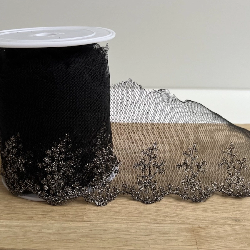 Galon broderie dorée sur tulle noir 80mm x1m Batikou - 1