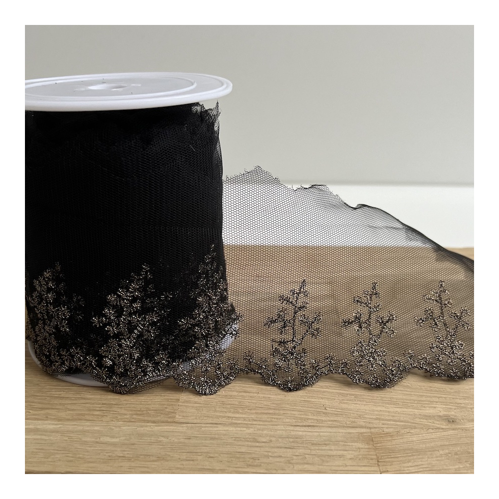 Galon broderie dorée sur tulle noir 80mm x1m Batikou - 1