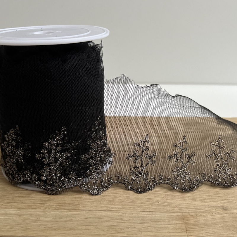 Galon broderie dorée sur tulle noir 80mm x1m Batikou - 1