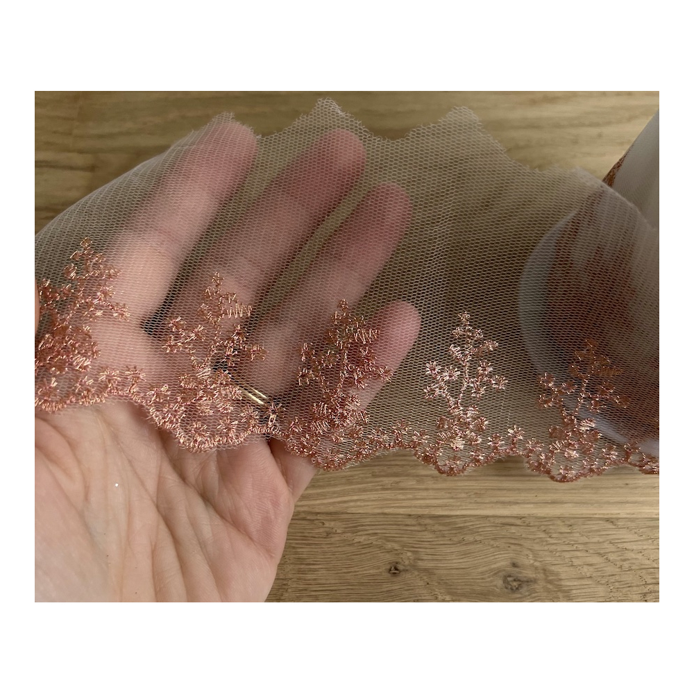 Galon Broderie Métallique rose cuivré sur Tulle 80mm x1m Batikou - 2