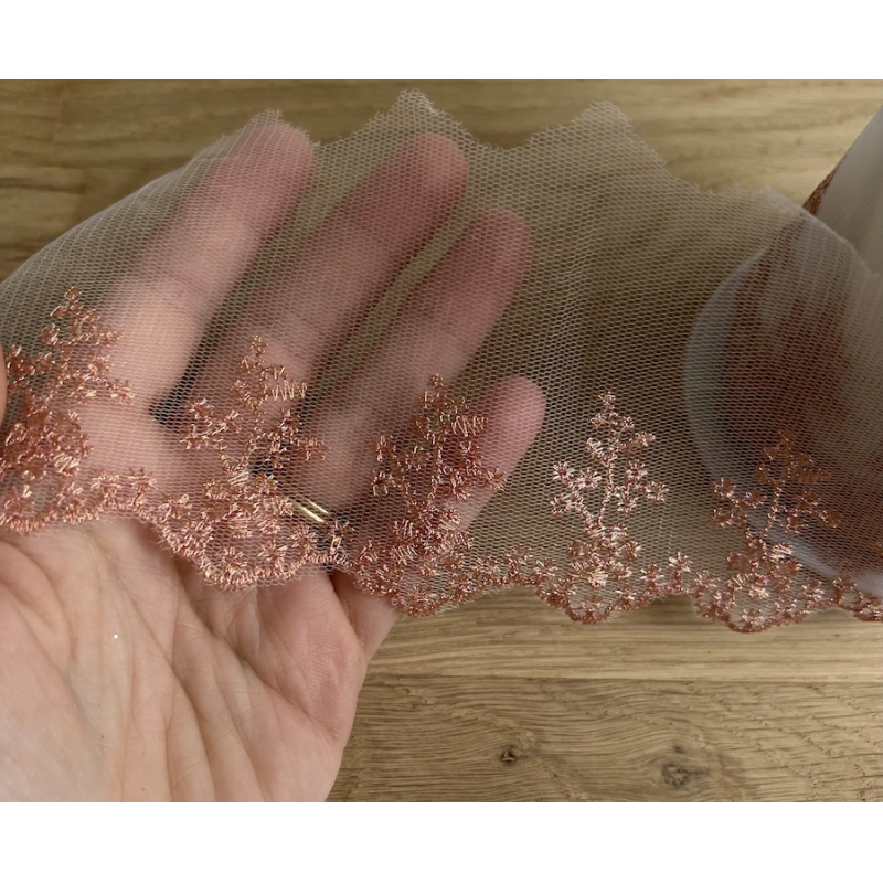 Galon Broderie Métallique rose cuivré sur Tulle 80mm x1m Batikou - 2