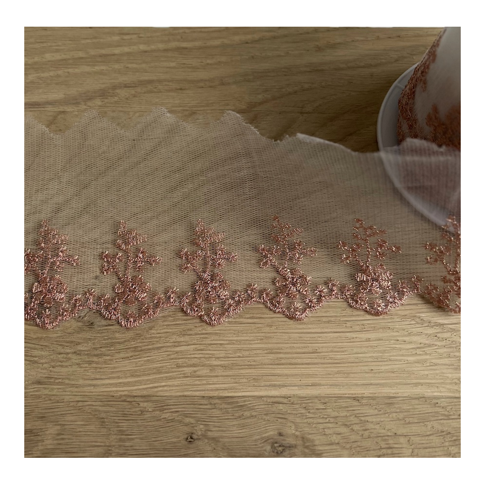 Galon Broderie Métallique rose cuivré sur Tulle 80mm x1m Batikou - 3