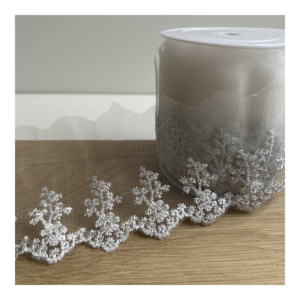 Galon broderie métallique argent sur tulle 80mm x1m Batikou - 1