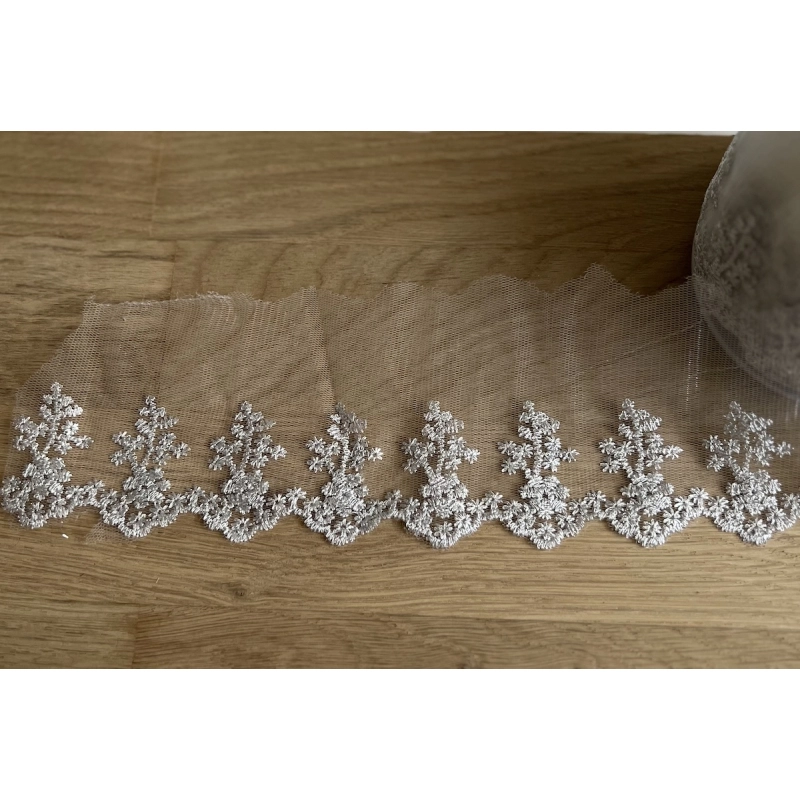 Galon broderie métallique argent sur tulle 80mm x1m Batikou - 4
