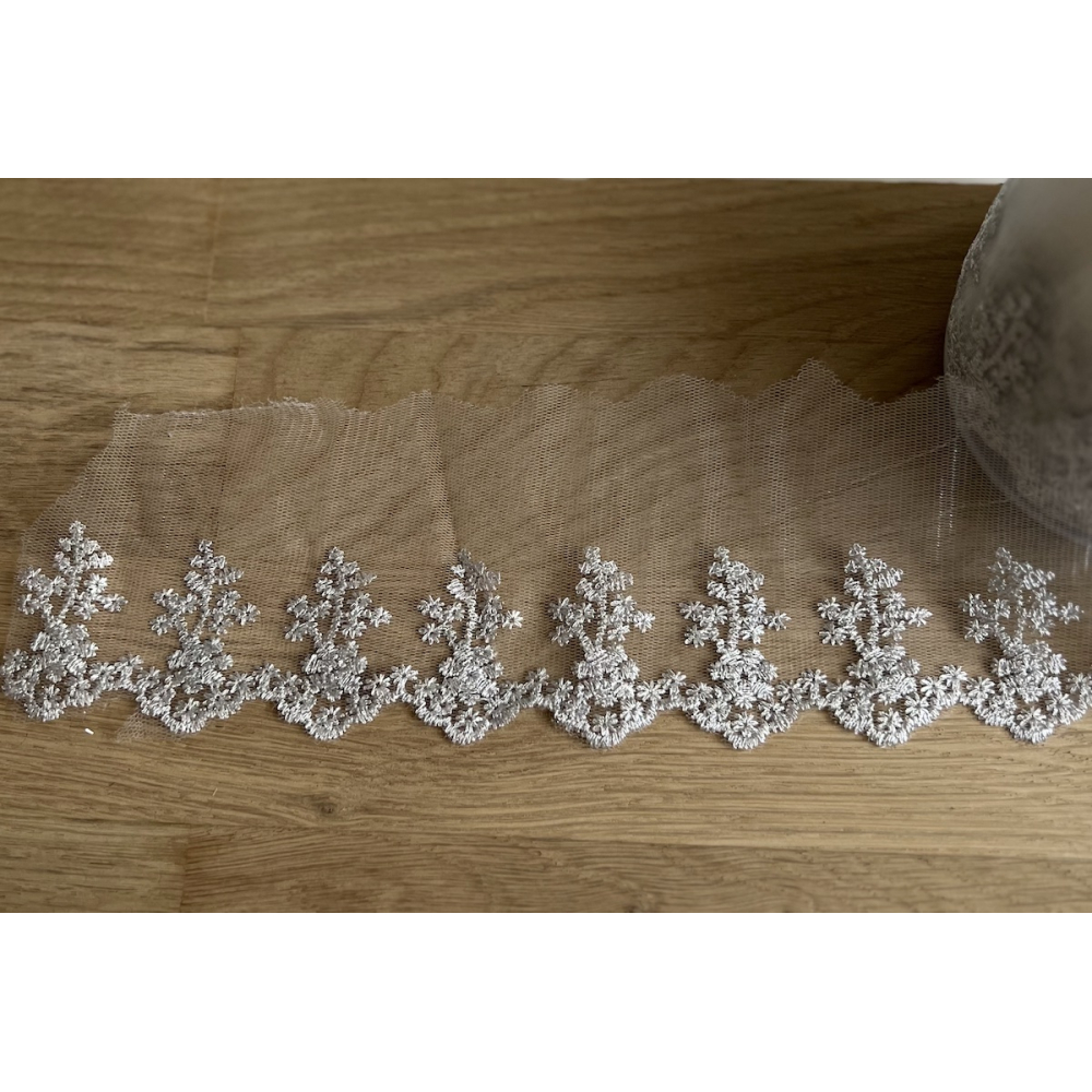 Galon broderie métallique argent sur tulle 80mm x1m Batikou - 4