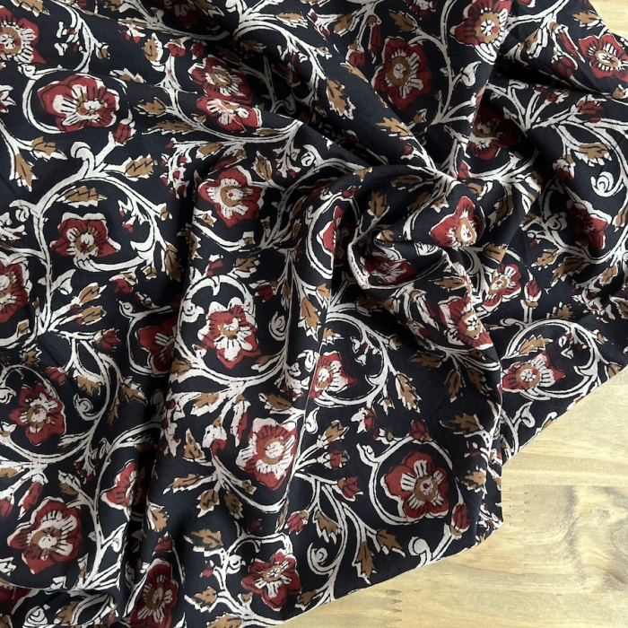 Tissu indien coton hand block traditionnel Noir Batikou - 1