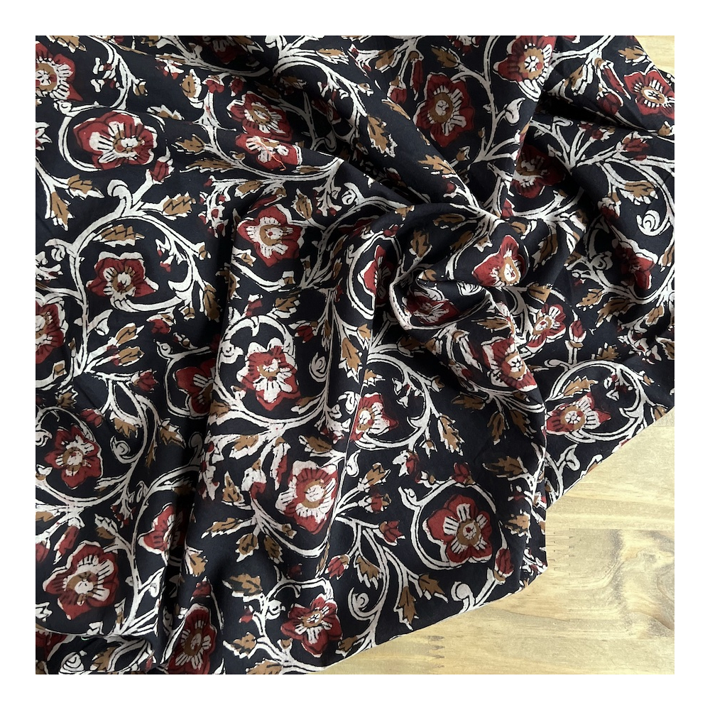 Tissu indien coton hand block traditionnel Noir Batikou - 1