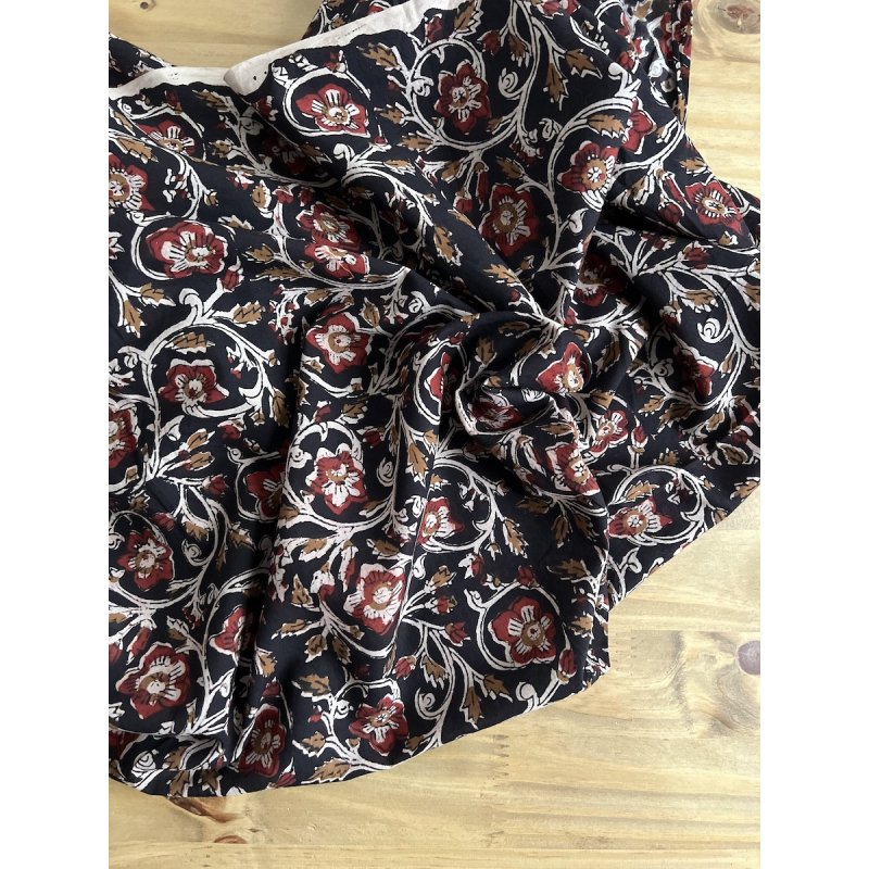Tissu indien coton hand block traditionnel Noir Batikou - 4