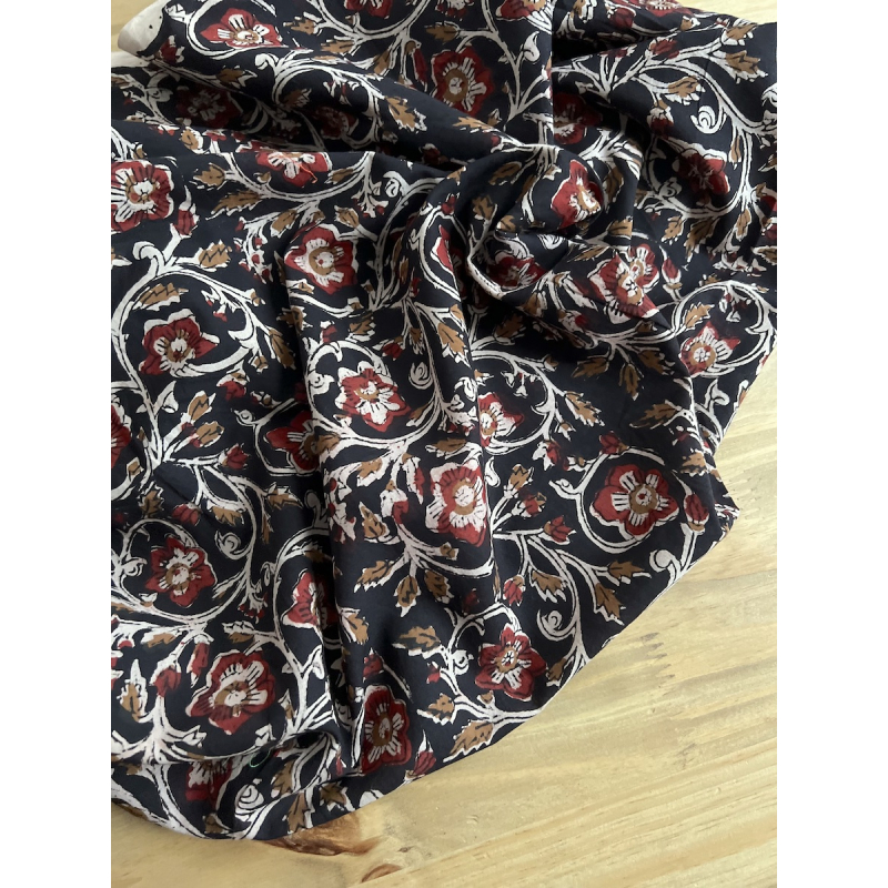 Tissu indien coton hand block traditionnel Noir Batikou - 5