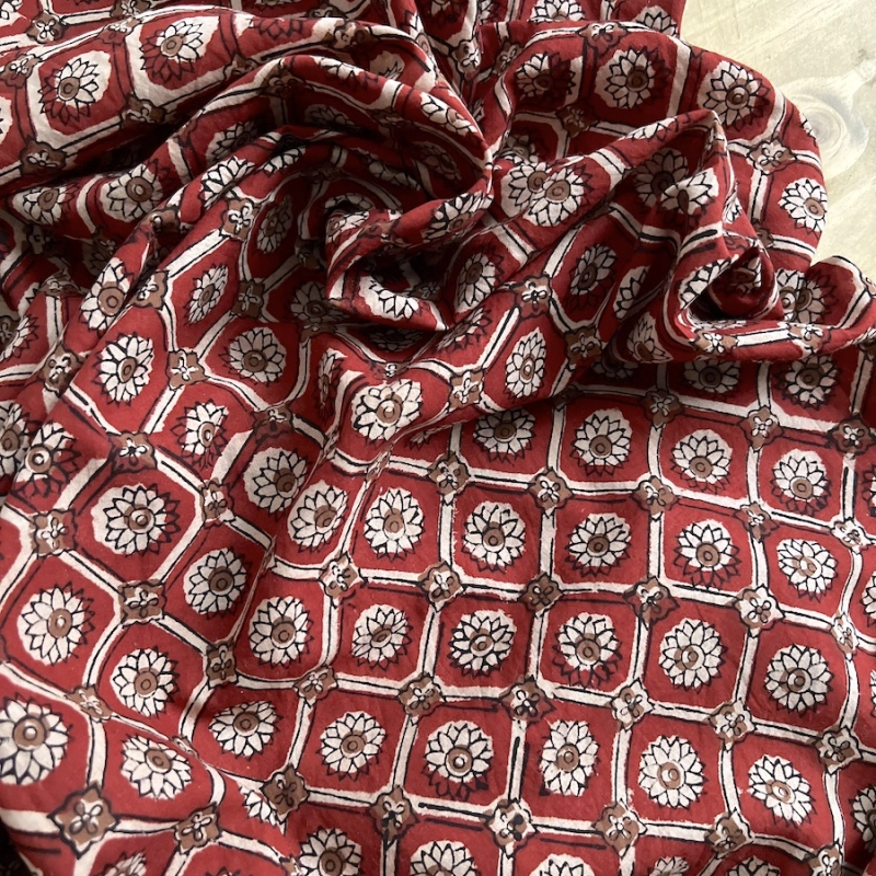 Tissu indien coton hand block traditionnel Rouge foncé Batikou - 1