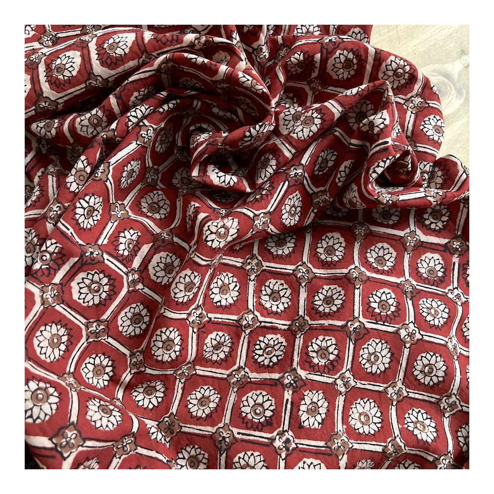 Tissu indien coton hand block traditionnel Rouge foncé Batikou - 1