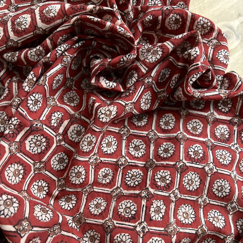 Tissu indien coton hand block traditionnel Rouge foncé Batikou - 1