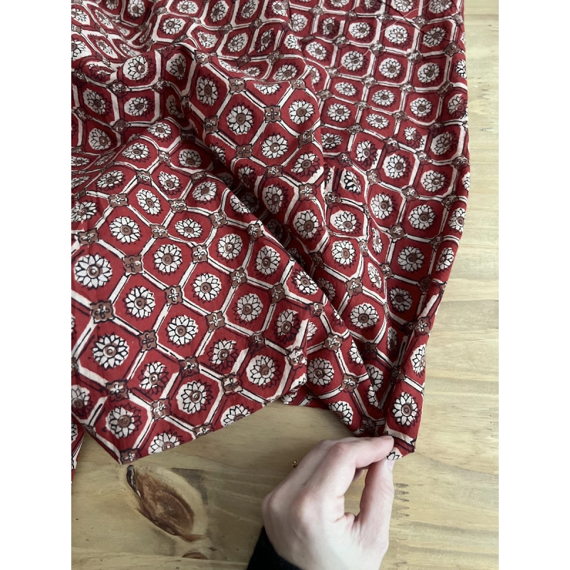 Tissu indien coton hand block traditionnel Rouge foncé Batikou - 2