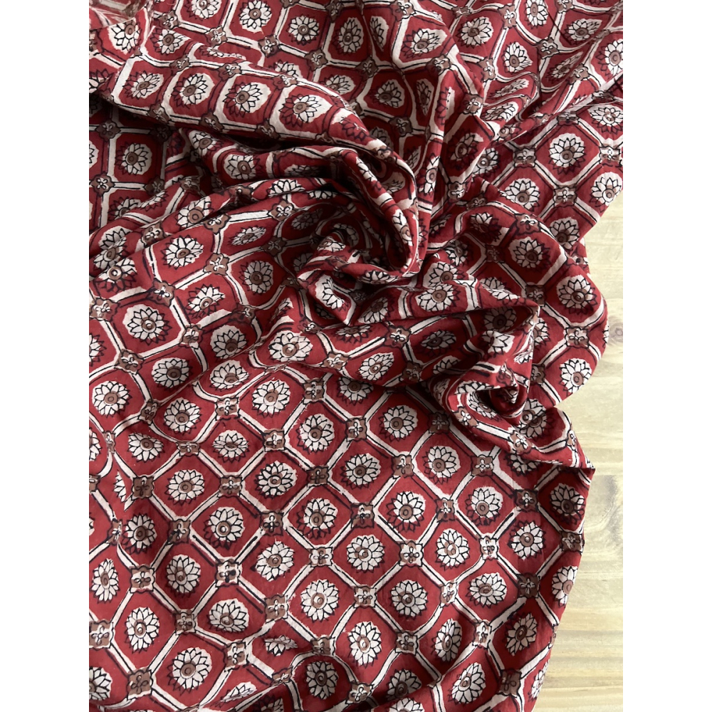 Tissu indien coton hand block traditionnel Rouge foncé Batikou - 4