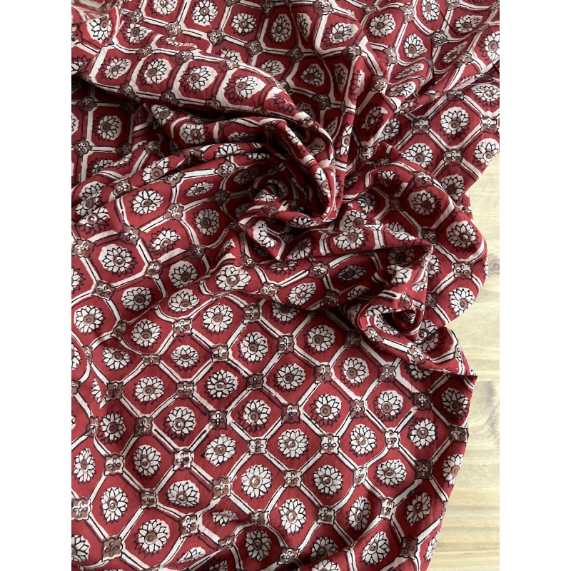 Tissu indien coton hand block traditionnel Rouge foncé Batikou - 4