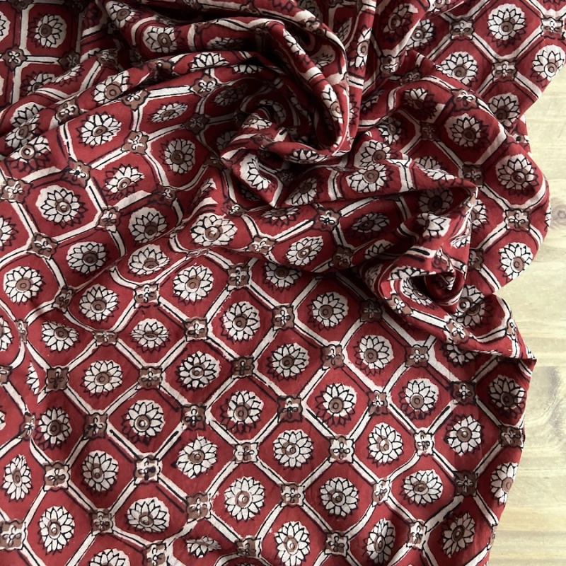 Tissu indien coton hand block traditionnel Rouge foncé Batikou - 5