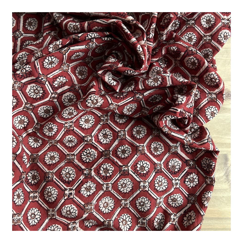 Tissu indien coton hand block traditionnel Rouge foncé Batikou - 5