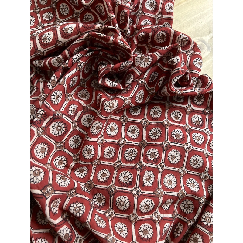 Tissu indien coton hand block traditionnel Rouge foncé Batikou - 6