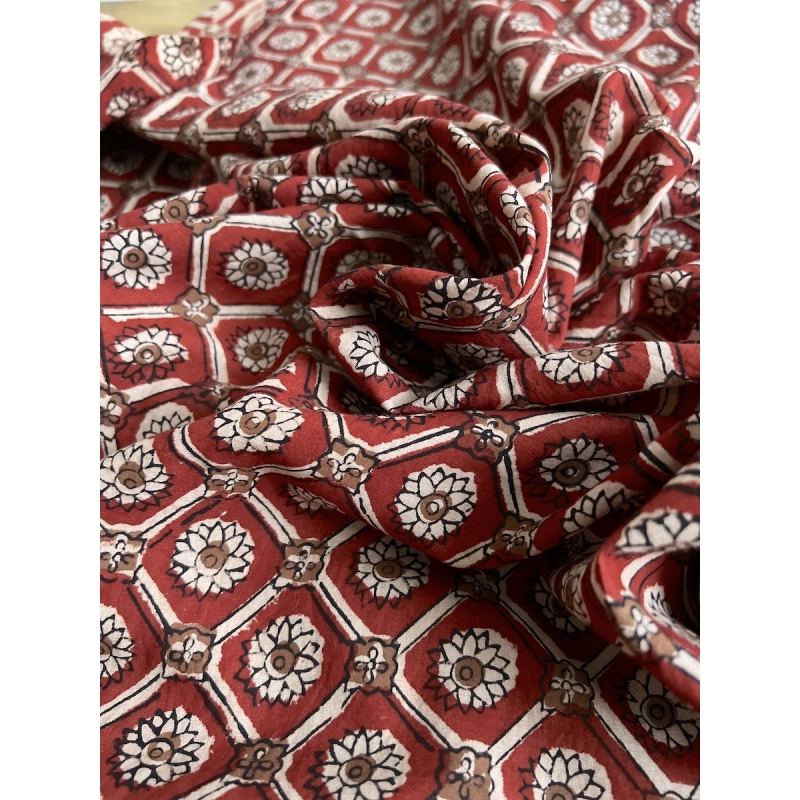 Tissu indien coton hand block traditionnel Rouge foncé Batikou - 7