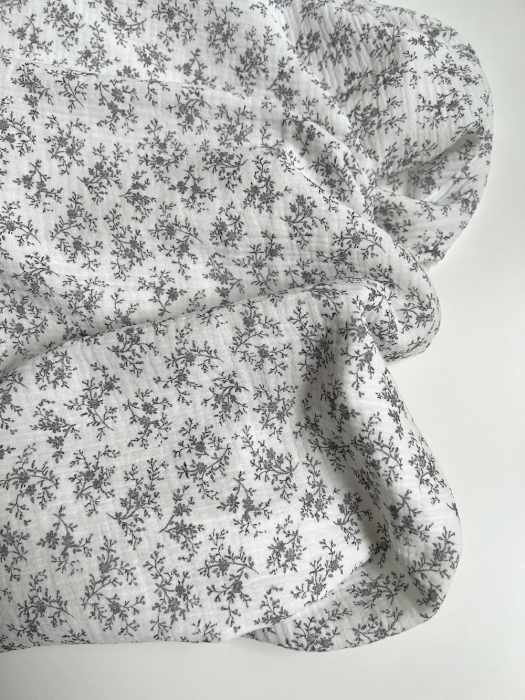 Meriem - Double gaze de coton BIO exclusif blanc à motifs fleuris gris Tissus issus de l'agriculture biologique  - 3