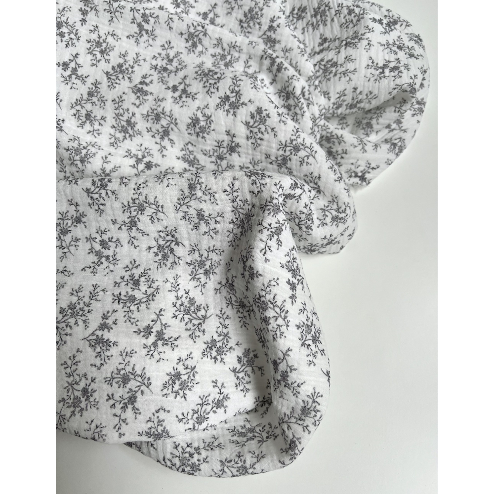 Meriem - Double gaze de coton BIO exclusif blanc à motifs fleuris gris Tissus issus de l'agriculture biologique  - 4