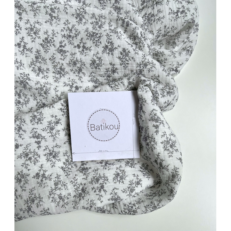 Meriem - Double gaze de coton BIO exclusif blanc à motifs fleuris gris Tissus issus de l'agriculture biologique  - 6