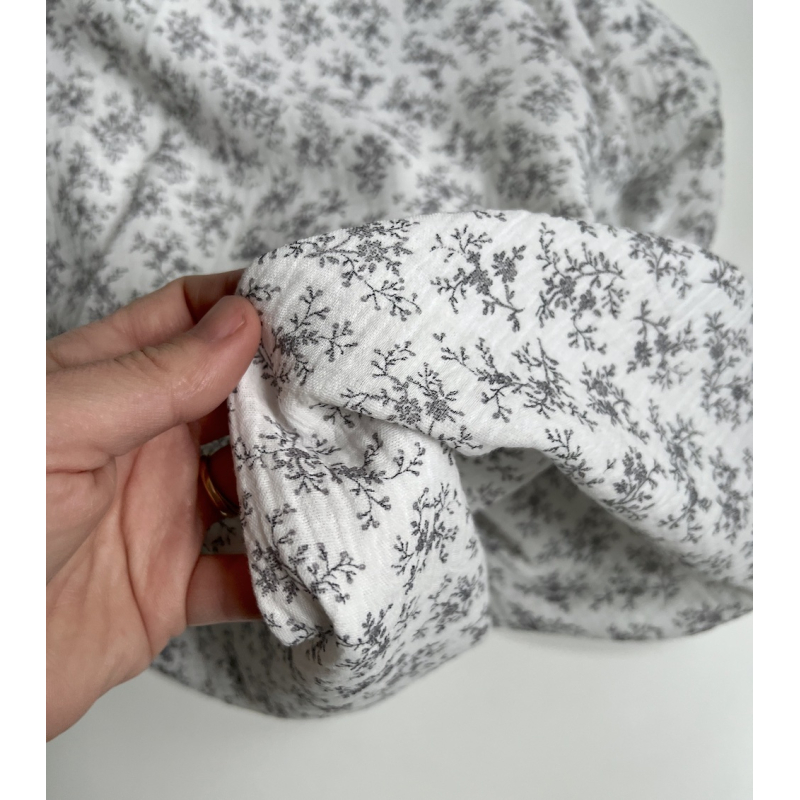 Meriem - Double gaze de coton BIO exclusif blanc à motifs fleuris gris Tissus issus de l'agriculture biologique  - 7