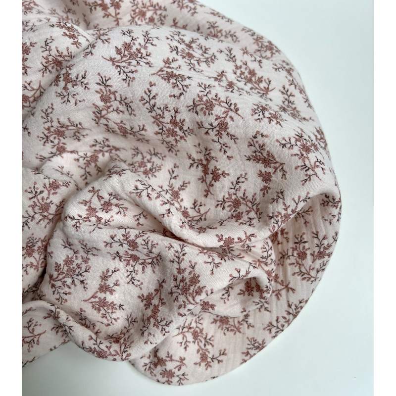 Meriem - Double gaze de coton BIO rose poudré à motifs fleuris Tissus issus de l'agriculture biologique  - 6